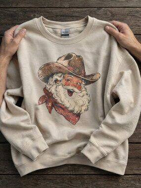 Gildan Sand Retro Cowboy Santa Christmas Crewneck Sweatshirt